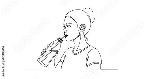 Detox drink refreshment for healthy lifestyle. Woman drinks water from bottle.  Detox concept image for wellness blog, health magazine, or social media post.  Detox is essential for good health.