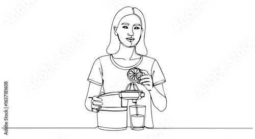 Detox juice preparation woman squeezing orange into juicer. Healthy detox juice recipe includes fresh citrus fruit.  Detoxification concept image for wellness blogs and health websites.