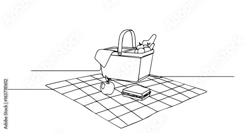Simple picnic basket line drawing with apple and sandwich on checkered blanket.  Picnic supplies include basket, food, and blanket for outdoor fun.