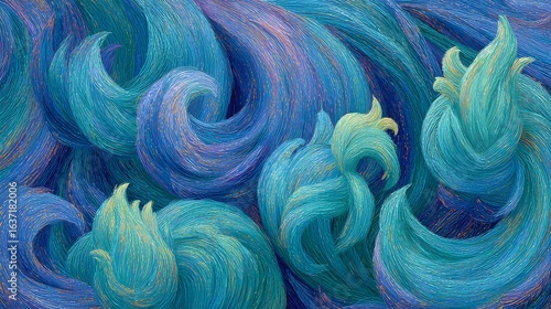 Abstract design of swirling teal and blue waves.