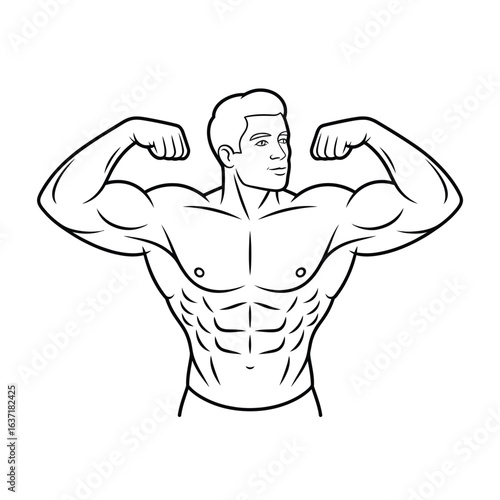 Muscular man flexing biceps and showing abs in line art style