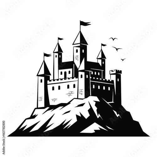 Black and white illustration of a medieval castle on a rocky hill