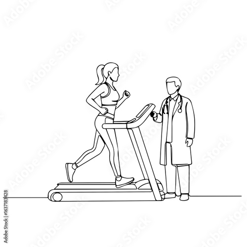 Woman running on treadmill monitored by doctor.  Wellness check includes fitness assessment on treadmill.  Doctor observing patient's performance during workout.