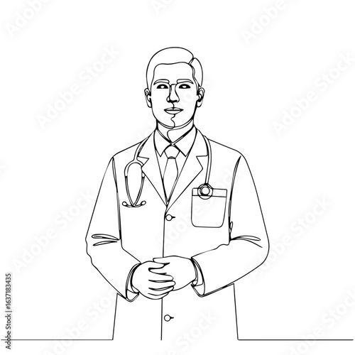 Doctor in lab coat with stethoscope, hands clasped, one line drawing style. Medical professional portrait ideal for healthcare brochures.