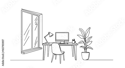 Working coffee station with modern desktop computer and desk lamp is set against window for calm atmosphere. Working coffee place arrangement includes chair, potted plant,