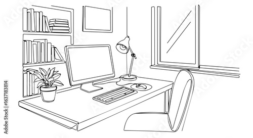 Working coffee concept on desk illustration, showing computer, keyboard, and lamp. Working coffee setup also includes a bookshelf with books and plant, creating cozy atmosphere.