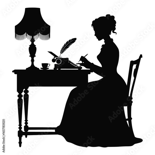 Silhouette of a woman in a long dress writing at a desk with a typewriter and lamp