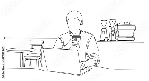 Coffee work in café setting shows professional using laptop with cup of coffee. Coffee work includes using notebook computer at café table.