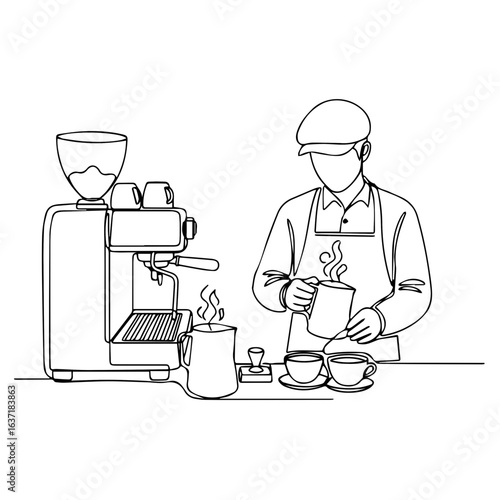 Coffee work illustration showing barista pouring latte into cup. Coffee work requires skill, concentration, and practice to create latte art. This coffee work art conveys craft coffee culture.
