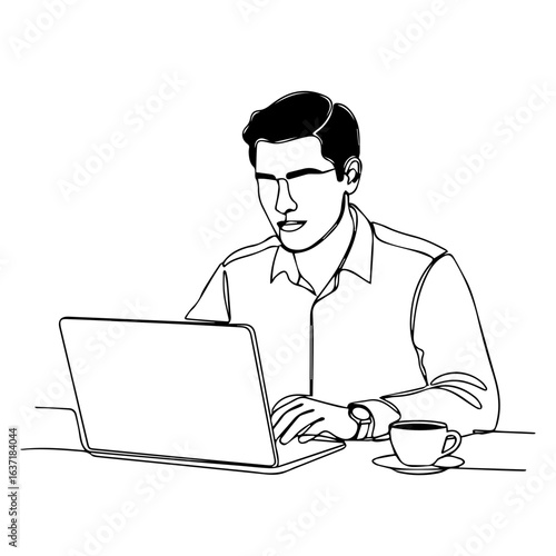 Continuous line drawing of man using laptop and having coffee. Man using laptop during work session shows focus and engagement, continuous line drawing style showcases simplicity.