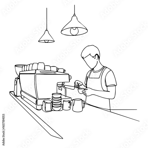 Continuous line drawing of barista working coffee, showing coffee machine and cups on counter. Barista prepares working coffee in cafeteria, preparing beverage for client using professional equipment.