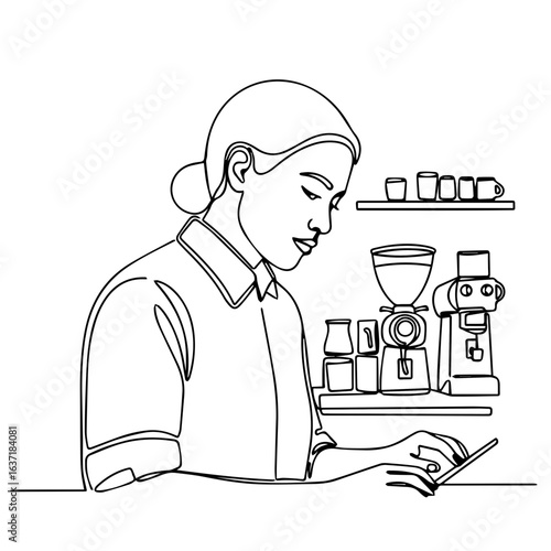 Working coffee concept illustration with woman barista using tablet in cafe. Enjoying working coffee while checking orders and communicating with customers.