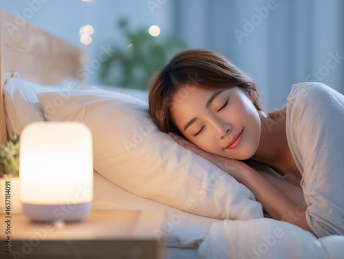 ナイトライトに照らされ眠る日本人女性