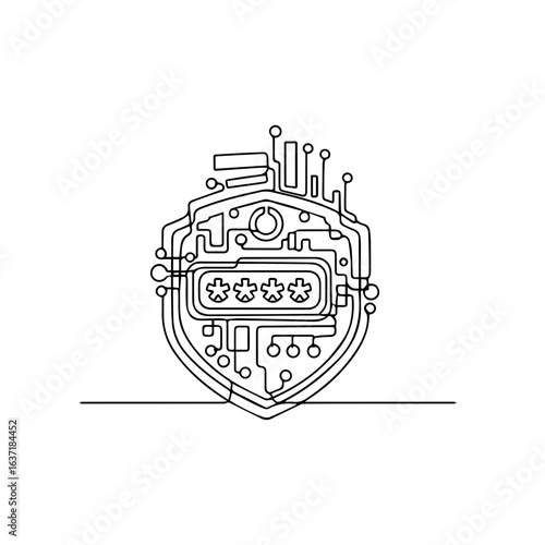 Security shield outline depicts password protection for data encryption and online security. Password protection ensures that digital data is secure,
