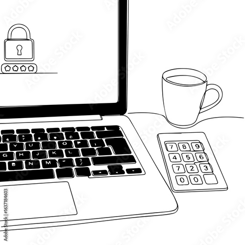 Password protection depicted with a laptop and keypad for security, showing password protection as a digital safeguard. Secure password protection on devices offers safe access and data encryption,