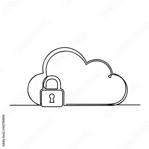 Secure network security cloud illustrated as continuous line art on white background. Network security cloud portrays security with single line drawing.