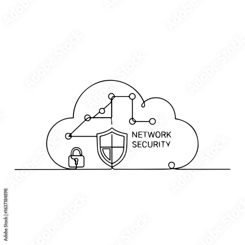 Network security cloud concept with linear drawing on white background. Network security cloud shows online protection and data safety, with simple linear style.