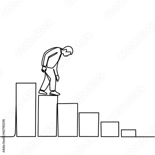 Man walking down a declining bar chart representing financial loss