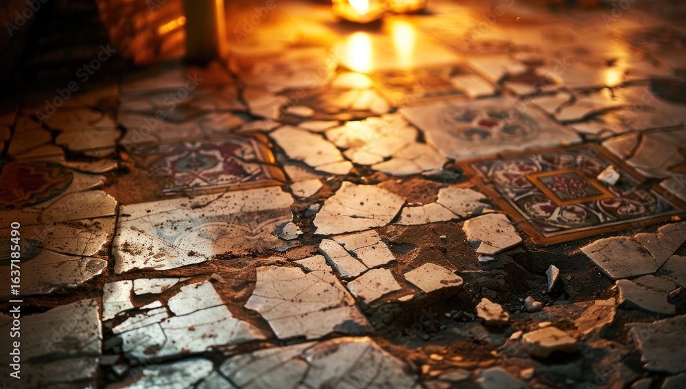 Obraz premium Cracked tile floor, old building, candlelight, ruin, historical site, texture background, architecture detail