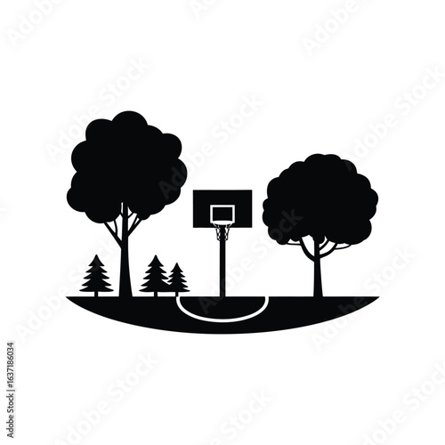 Silhouette of a basketball court with trees and pine trees
