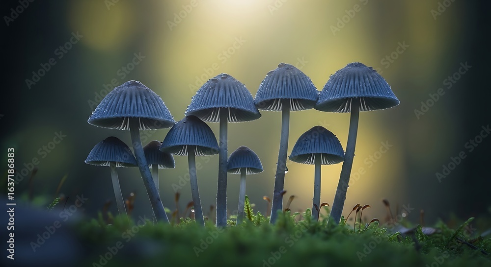 Fototapeta premium Enchanting mushroom cluster illuminated by gentle light in a mystical forest ambience