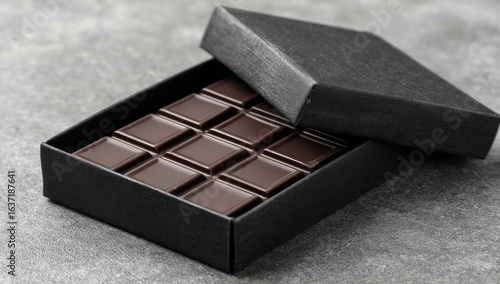 Square dark chocolates sit in a black box on a mottled gray surface, lid slightly ajar. Rich, tempting treat presented in a simple, elegant manner, suggesting indulgence and quality