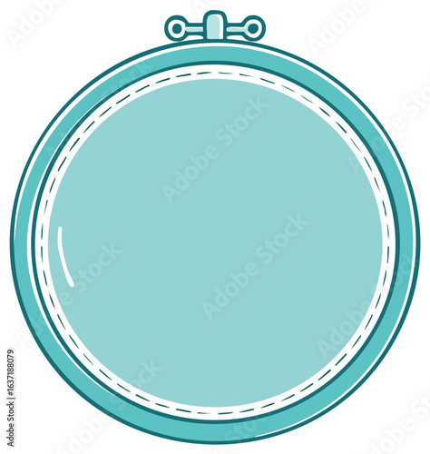 Circular embroidery hoop with teal frame and white stitching isolated on white