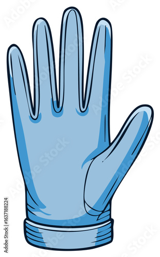 Single blue latex glove with five fingers spread open and cartoon style