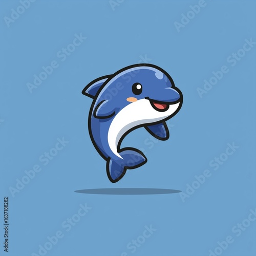 Cute cartoon dolphin jumping with a happy smiling face, simple flat design logo vector illustration, solid background, 2D minimal style, thick bold lines, pastel colors, high resolution, kawaii art