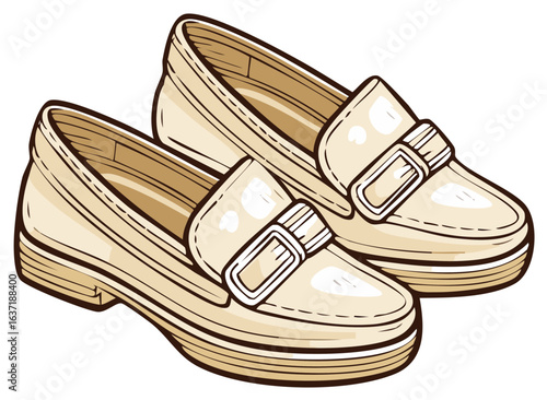 Stylish pair of beige platform loafers with buckle detail in a hand-drawn illustration style