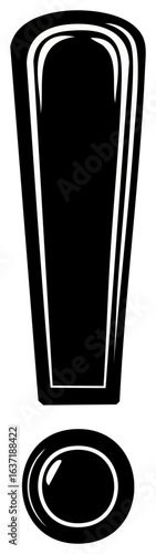 Stylized black exclamation mark symbol with glossy highlights. Graphic cartoon vector illustration.