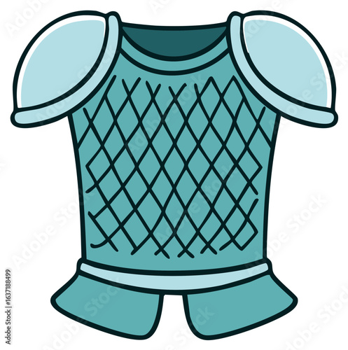 Cartoonish blue suit of armor with diamond pattern and shoulder pads