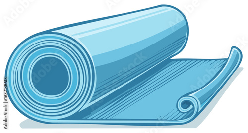 Cartoon Style Illustration of Rolled Exercise Mat in Blue Colors for Fitness and Health