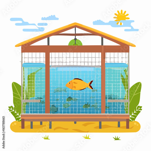 養殖いけすと魚の養殖業ベクターイラスト
