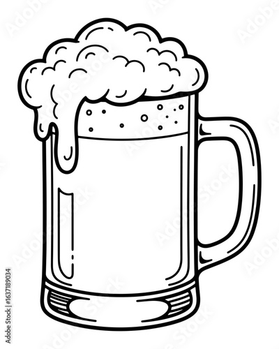 Black and White Line Art Illustration of a Beer Mug with Frothy Head