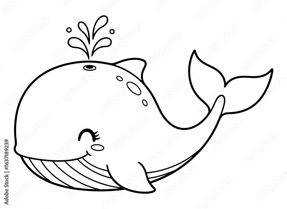 Obraz premium Whale Outlined Cartoon Character with Water Spout and Smiling Face