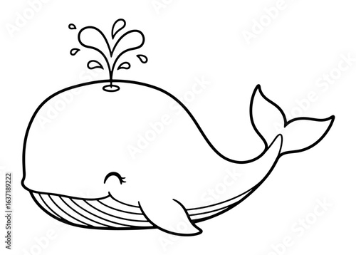 Cute Whale Outlined Cartoon Character Spouting Water