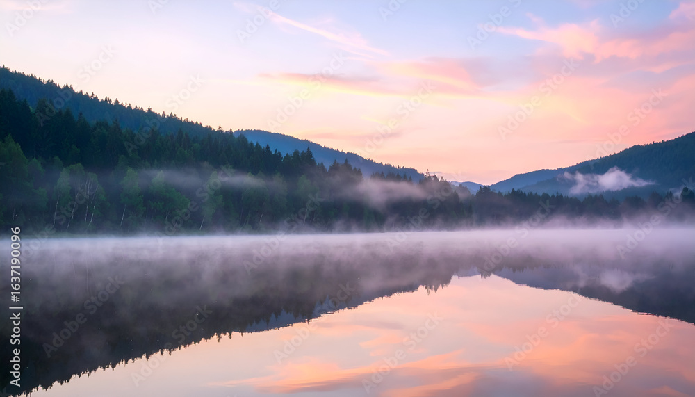Fototapeta premium Misty Sunrise Lake Reflections.