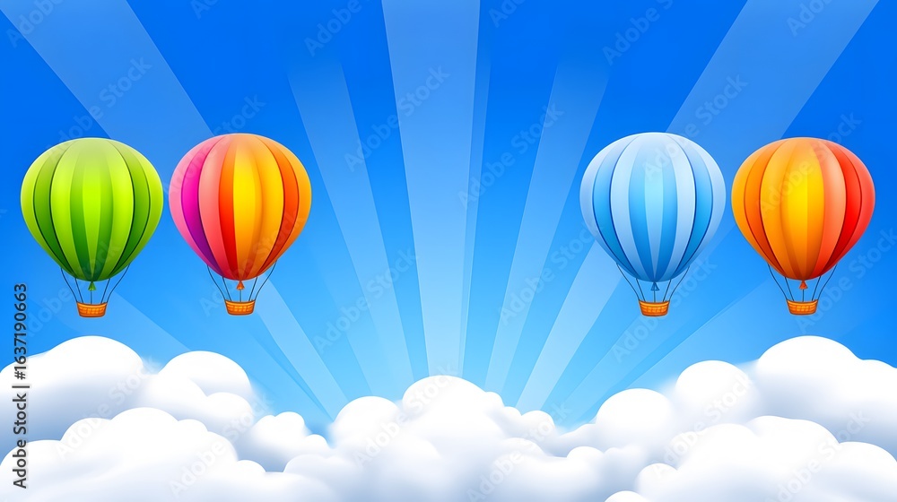 Naklejka premium Vibrant Colorful Hot Air Balloons Soaring Above Clouds Sunny Sky