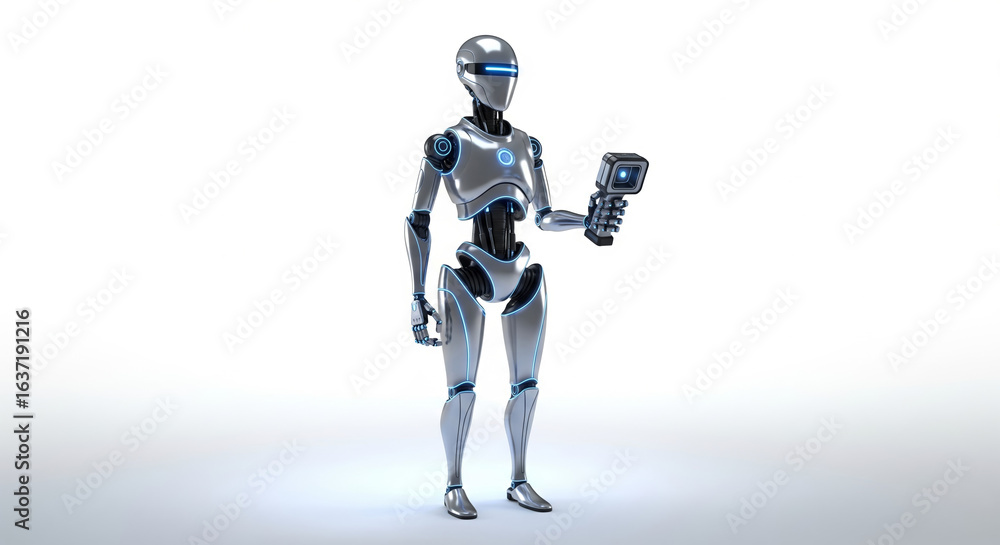 Fototapeta premium Advanced android with metallic body and glowing blue accents, equipped with handheld device, front view on clean background for futuristic design concepts