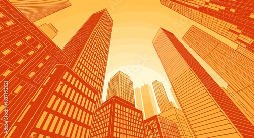 Upward Perspective of Orange and Yellow City Buildings in Comic Style.