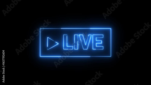 Live streaming frame text icon animation glowing neon  blue color font letter word template for streamers with play pause and circle rectangle with live show sign symbol on black background