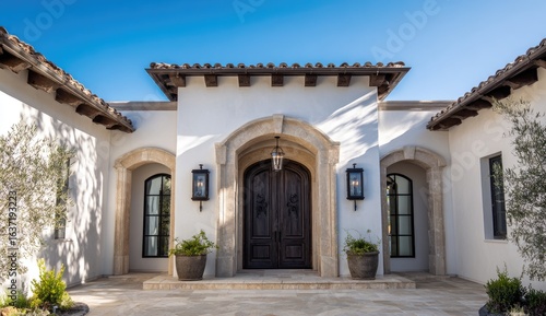 Mediterranean-style home entrance, sunny day, landscaping, luxury real estate