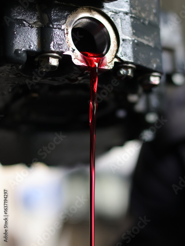 Auto mechanic loosen automatic transmission oil drain plug ,then let the old used automatic transmission oil flow out of the transmission oil pan.