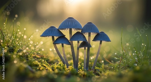 Wallpaper Mural Enchanting cluster of wild mushrooms amidst dewy grass in a sunlit woodland scene Torontodigital.ca
