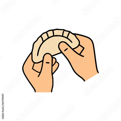 Close-up of hands making dumpling, shaping dough and sealing edges for authentic homemade Asian cuisine preparation