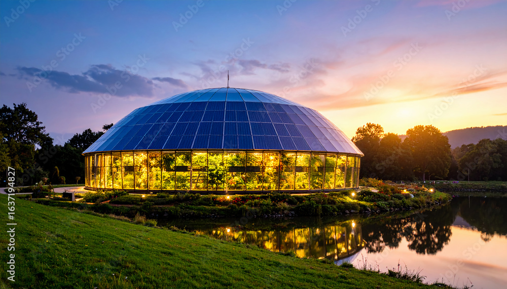 Obraz premium Stunning twilight view of a modern botanical garden greenhouse reflecting on the serene water, a calming oasis perfect for nature lovers and mindful escapes