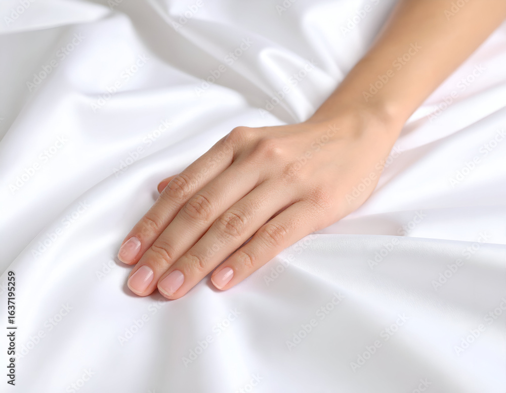 Womans hand on white silk. Womans hand on white silk.