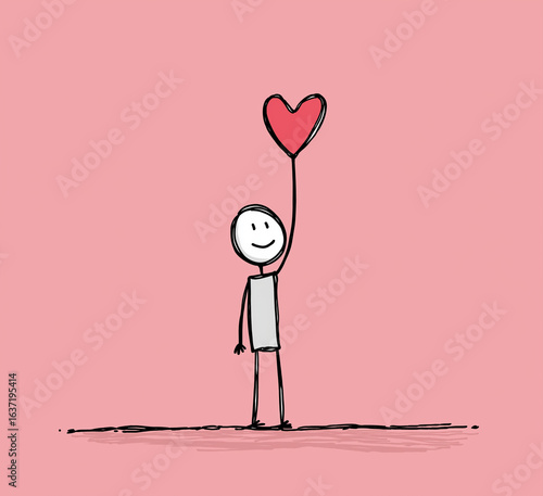 Stick figure holding a red heart balloon against a soft pink background art