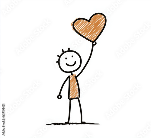 A stick figure holding a heart shaped balloon with a smiling face drawing art